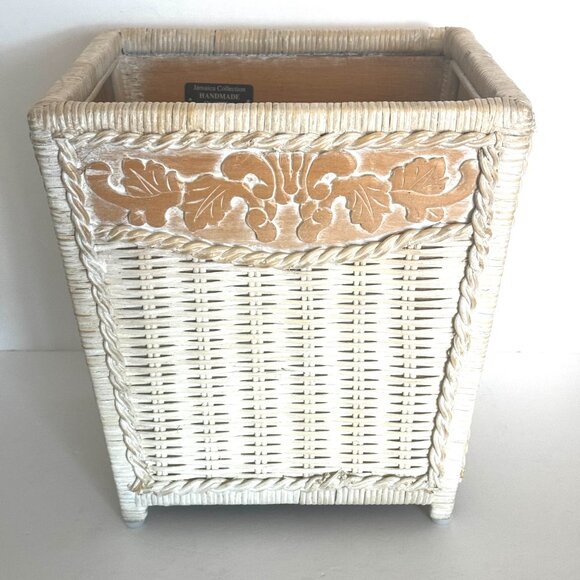 Pier 1 Rattan Waste Basket 11.5" White Wash Jamaica Collection Wicker Trash Can - Picture 5 of 16